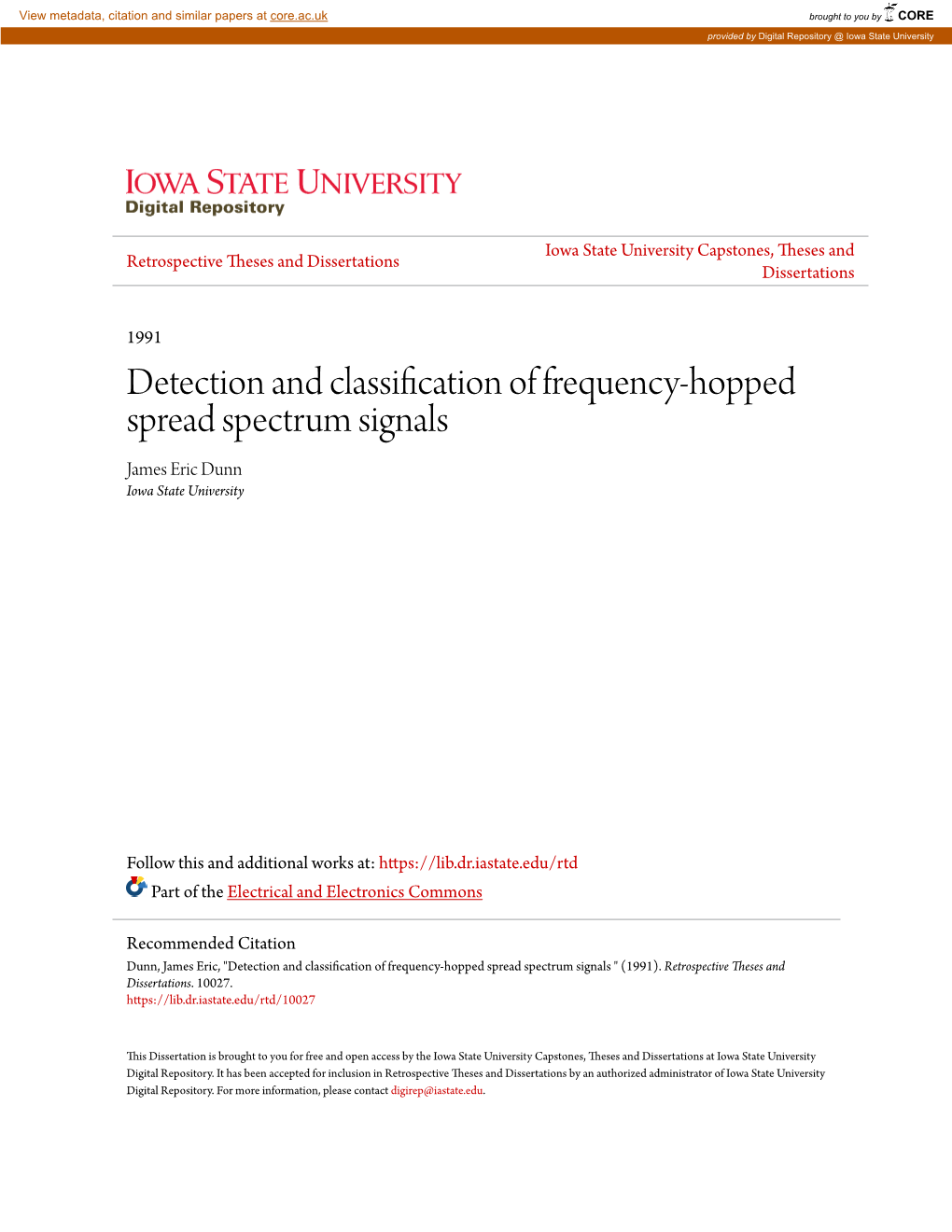 Detection and Classification of Frequency-Hopped Spread Spectrum Signals James Eric Dunn Iowa State University