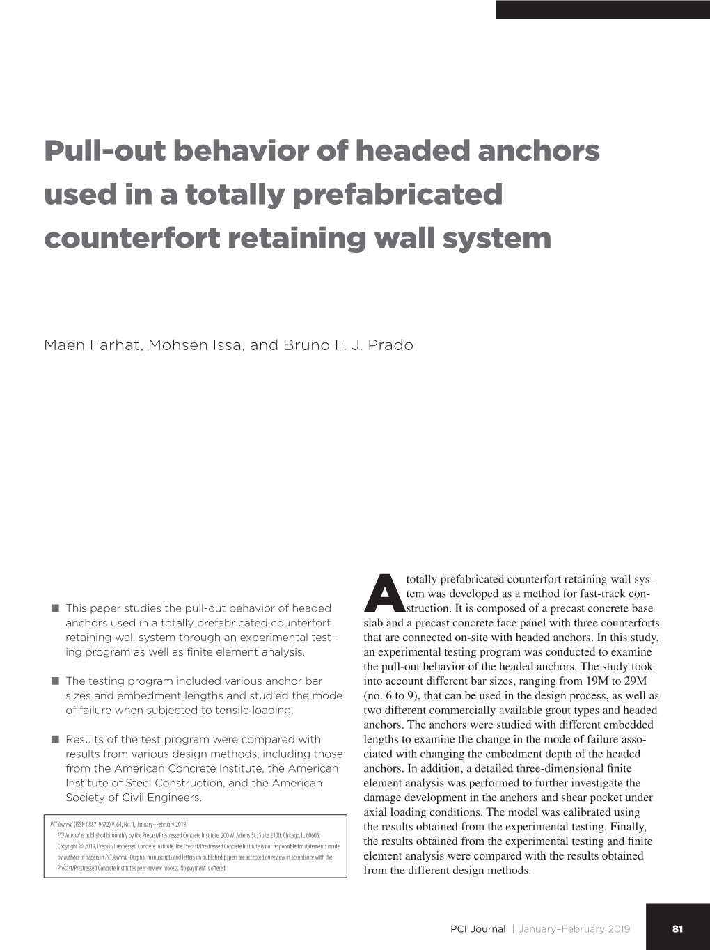 Pull-Out Behavior of Headed Anchors Used in a Totally Prefabricated Counterfort Retaining Wall System