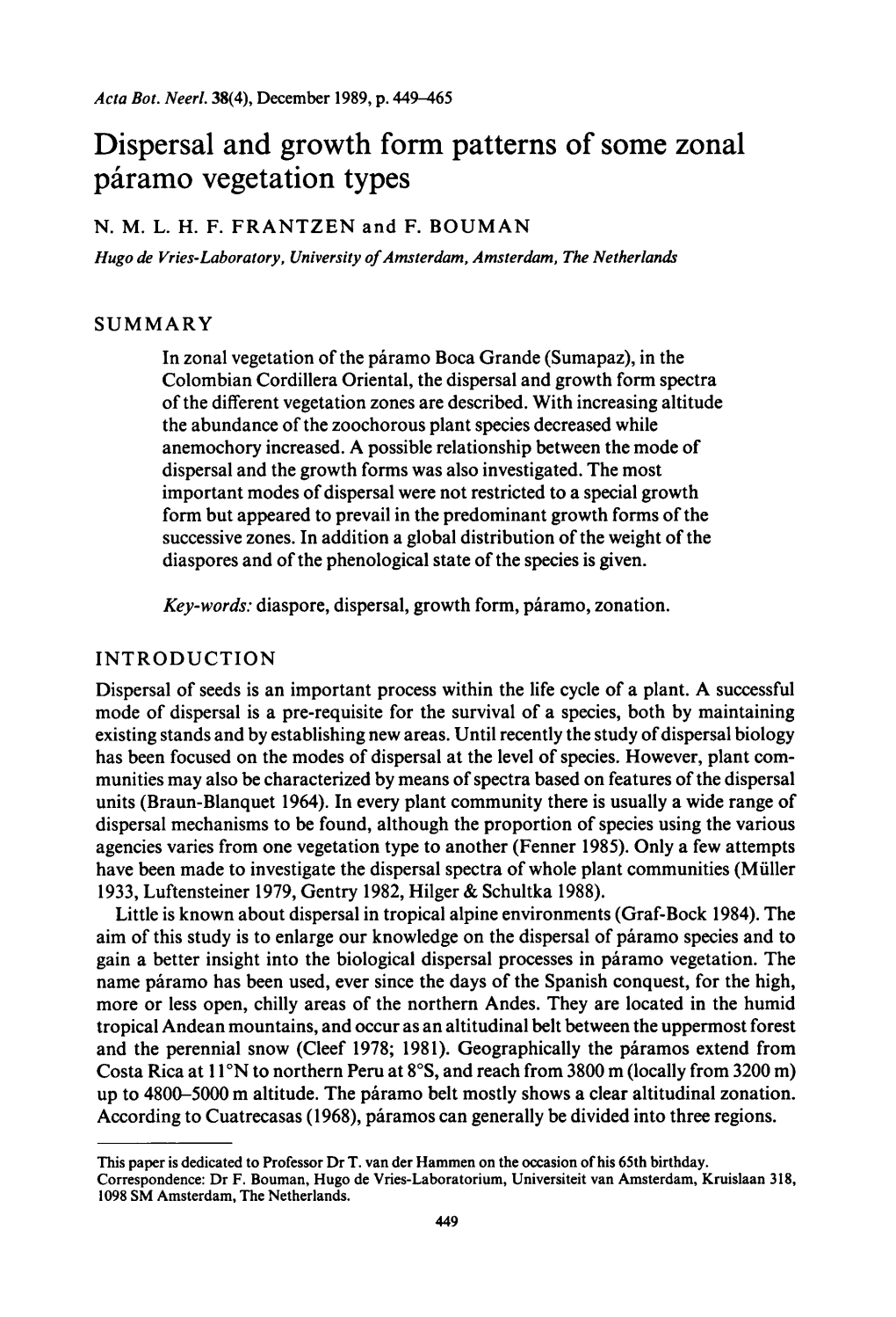 Dispersal and Growth Form Patterns of Some Vegetation Types