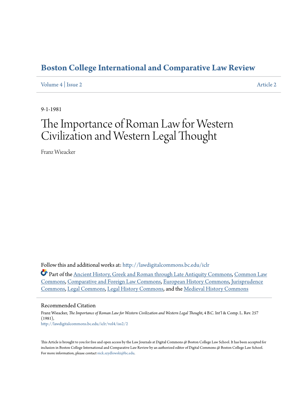 The Importance of Roman Law for Western Civilization and Western Legal Thought, 4 B.C