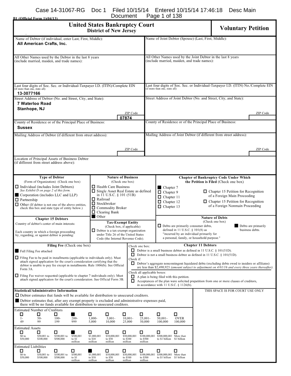 United States Bankruptcy Court Voluntary Petition