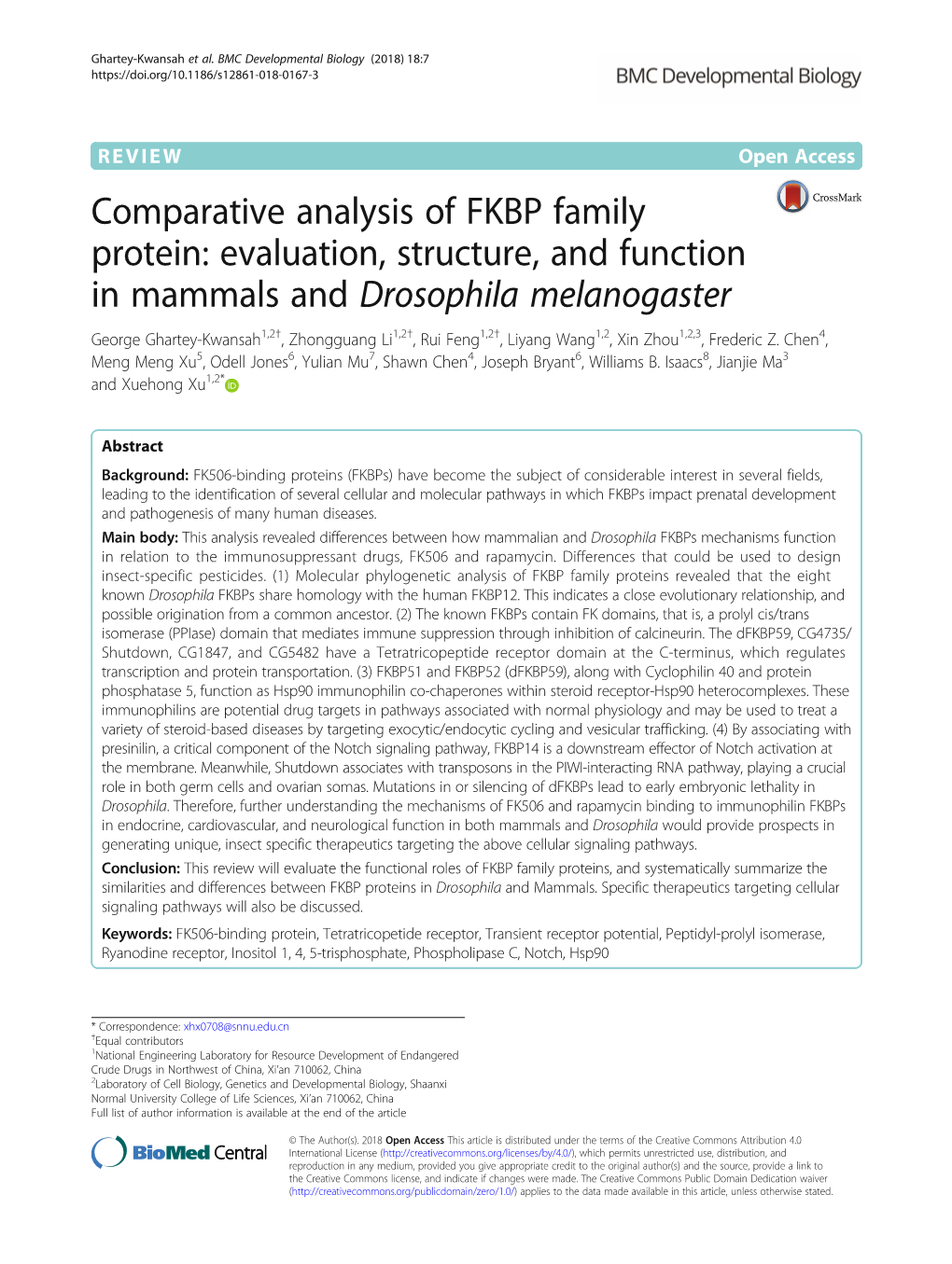Comparative Analysis of FKBP Family Protein: Evaluation, Structure, and Function in Mammals and Drosophila Melanogaster