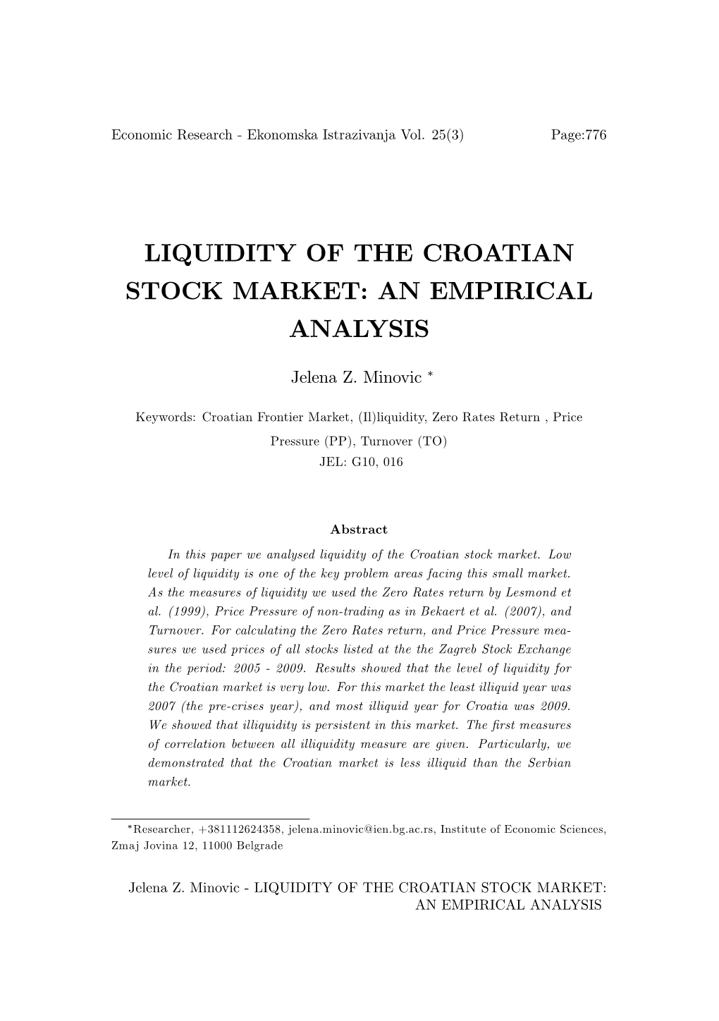 Liquidity of the Croatian Stock Market: an Empirical Analysis