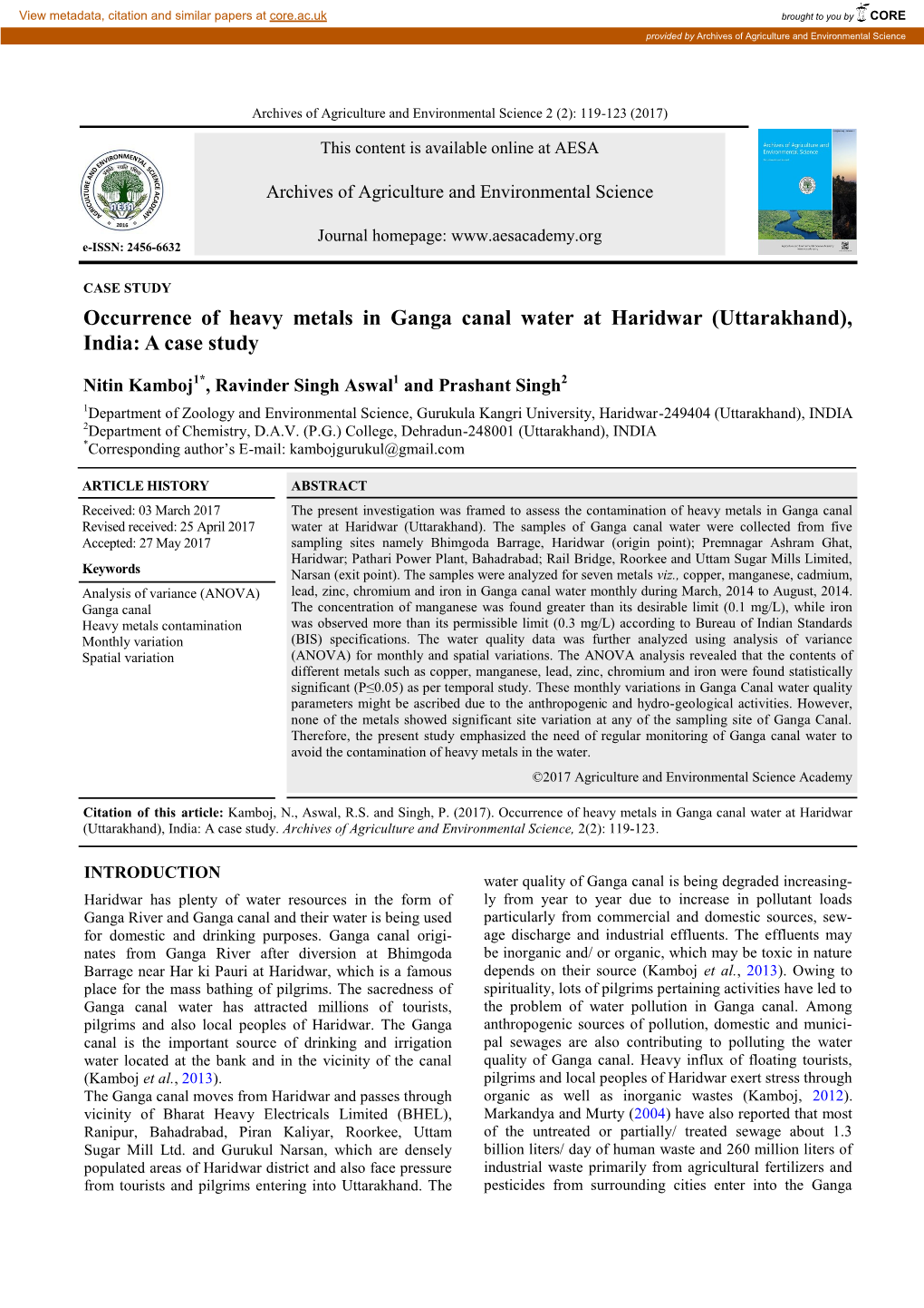 Occurrence of Heavy Metals in Ganga Canal Water at Haridwar (Uttarakhand), India: a Case Study