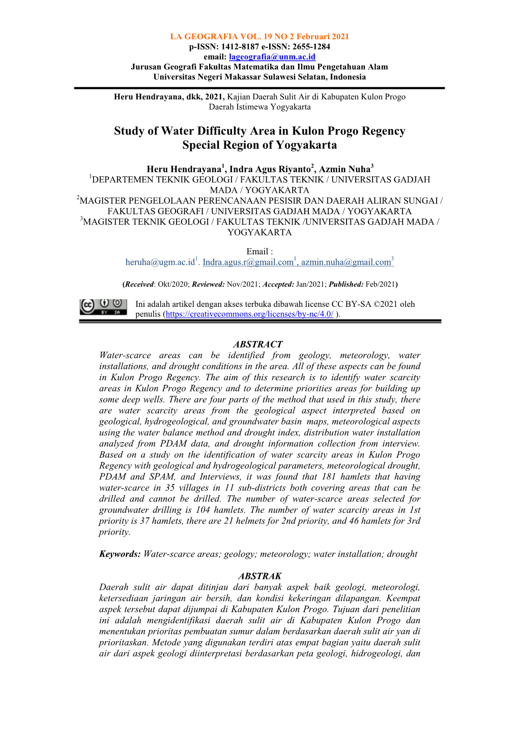 Study of Water Difficulty Area in Kulon Progo Regency Special Region of Yogyakarta
