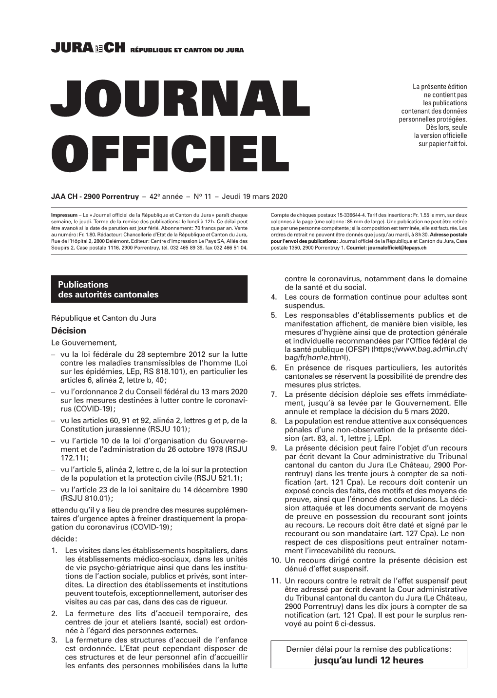 Journal Officiel No 11 Du 19.03.2020