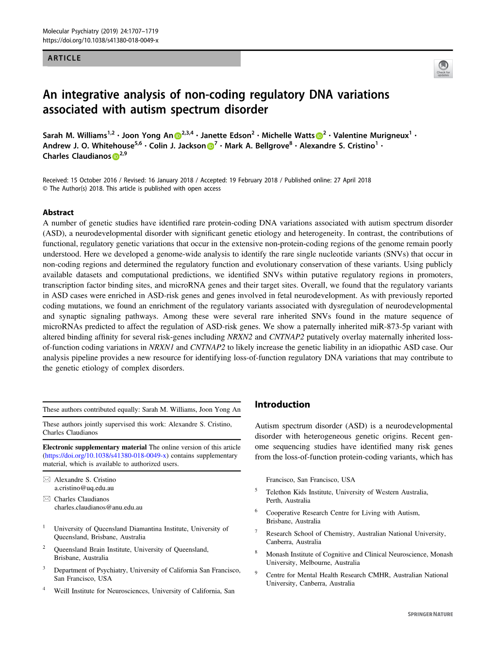 An Integrative Analysis of Non-Coding Regulatory DNA Variations Associated with Autism Spectrum Disorder