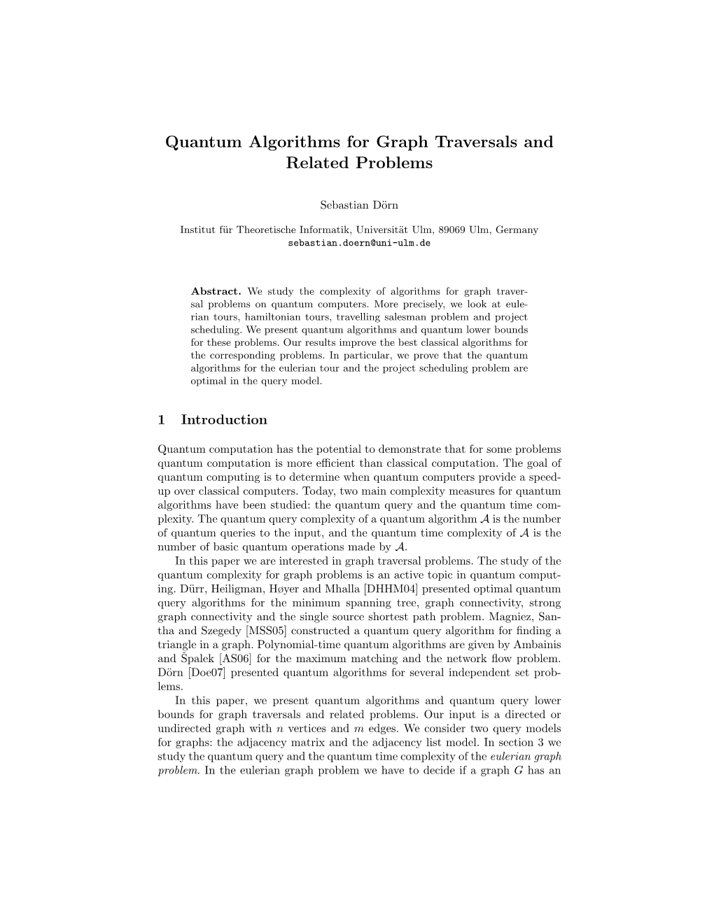 Quantum Algorithms for Graph Traversals and Related Problems