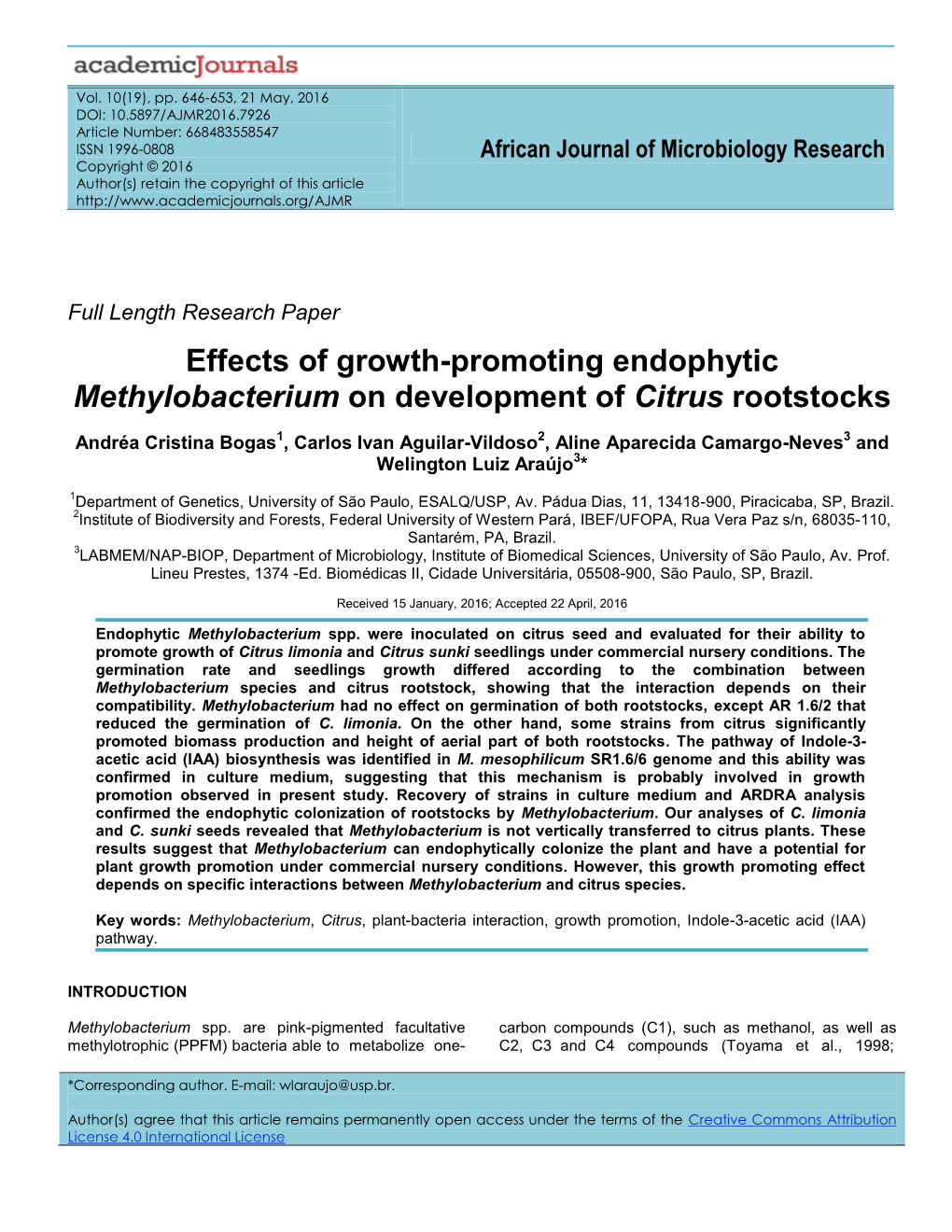 Effects of Growth-Promoting Endophytic Methylobacterium on Development of Citrus Rootstocks