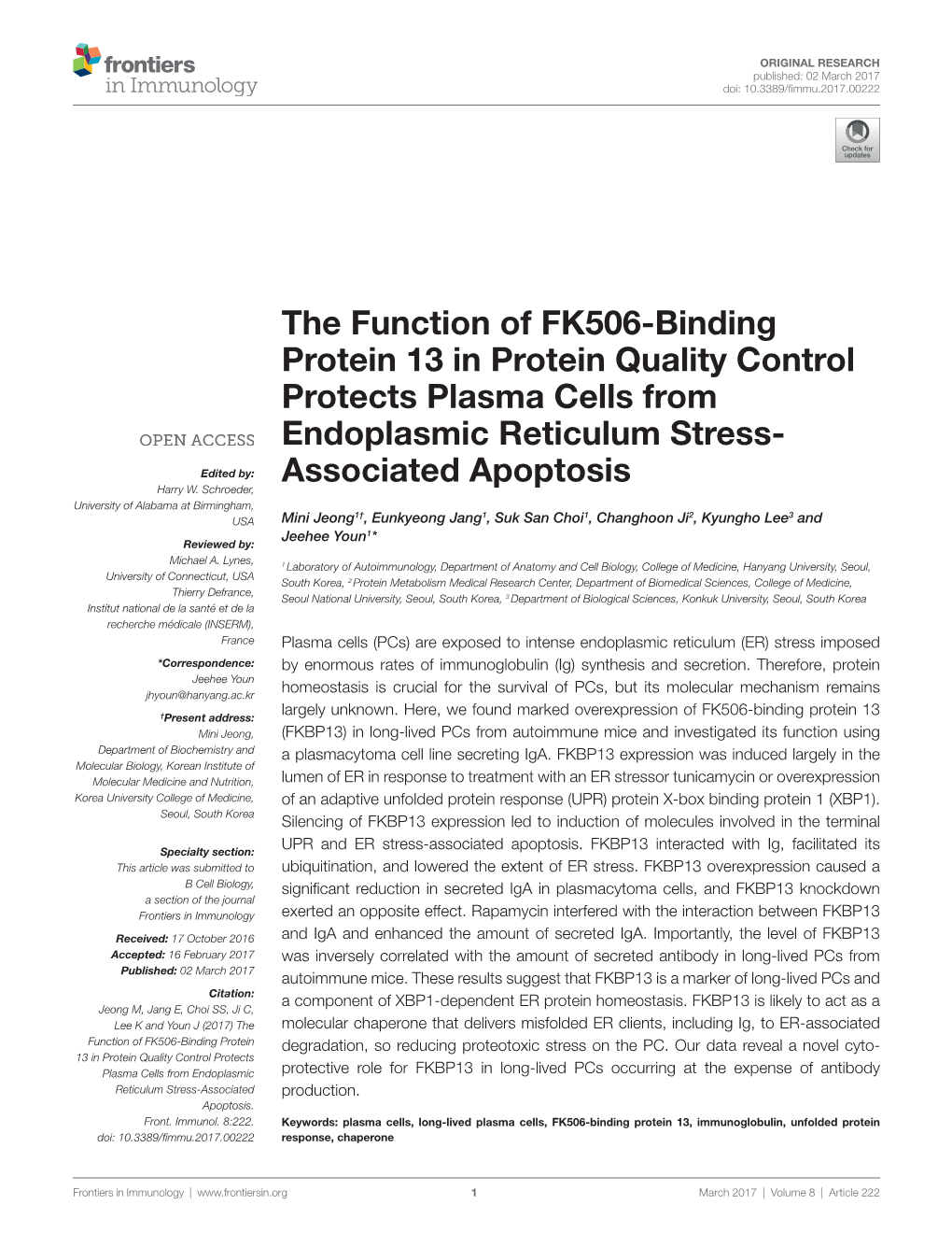 The Function of FK506-Binding Protein 13 in Protein Quality Control Protects Plasma Cells from Endoplasmic Reticulum Stress- Edited By: Associated Apoptosis Harry W