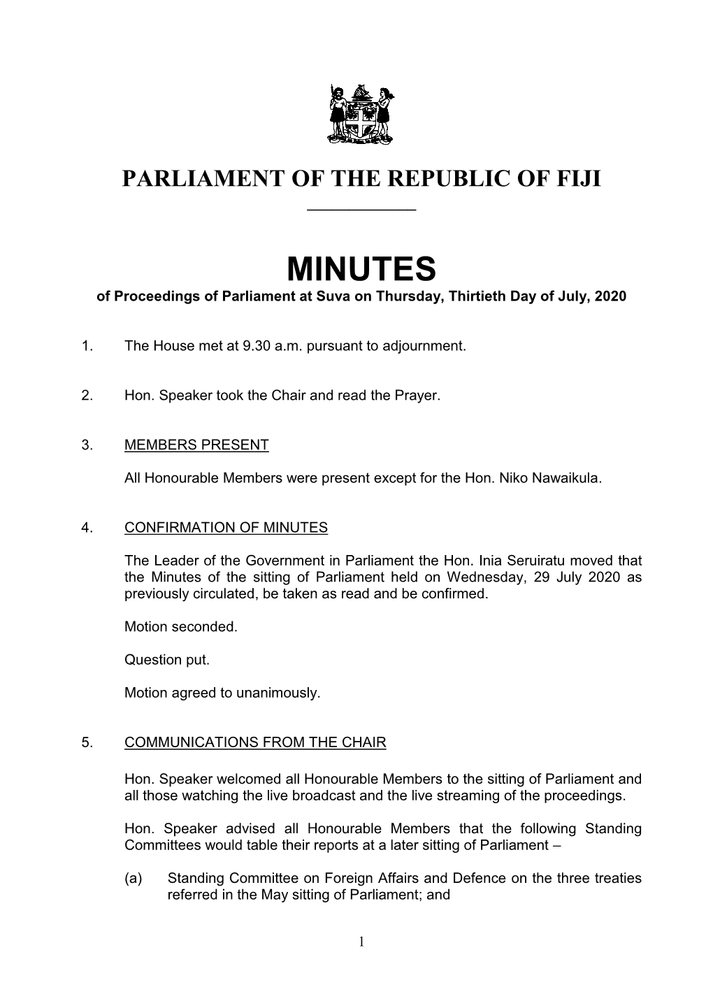 MINUTES of Proceedings of Parliament at Suva on Thursday, Thirtieth Day of July, 2020