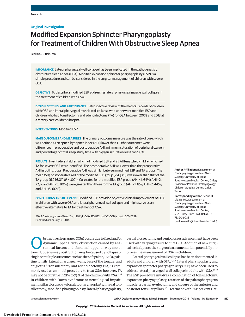 Modified Expansion Sphincter Pharyngoplasty for Treatment of Children with Obstructive Sleep Apnea