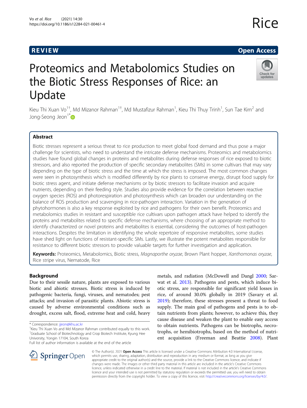 Proteomics and Metabolomics Studies on the Biotic Stress Responses of Rice: an Update