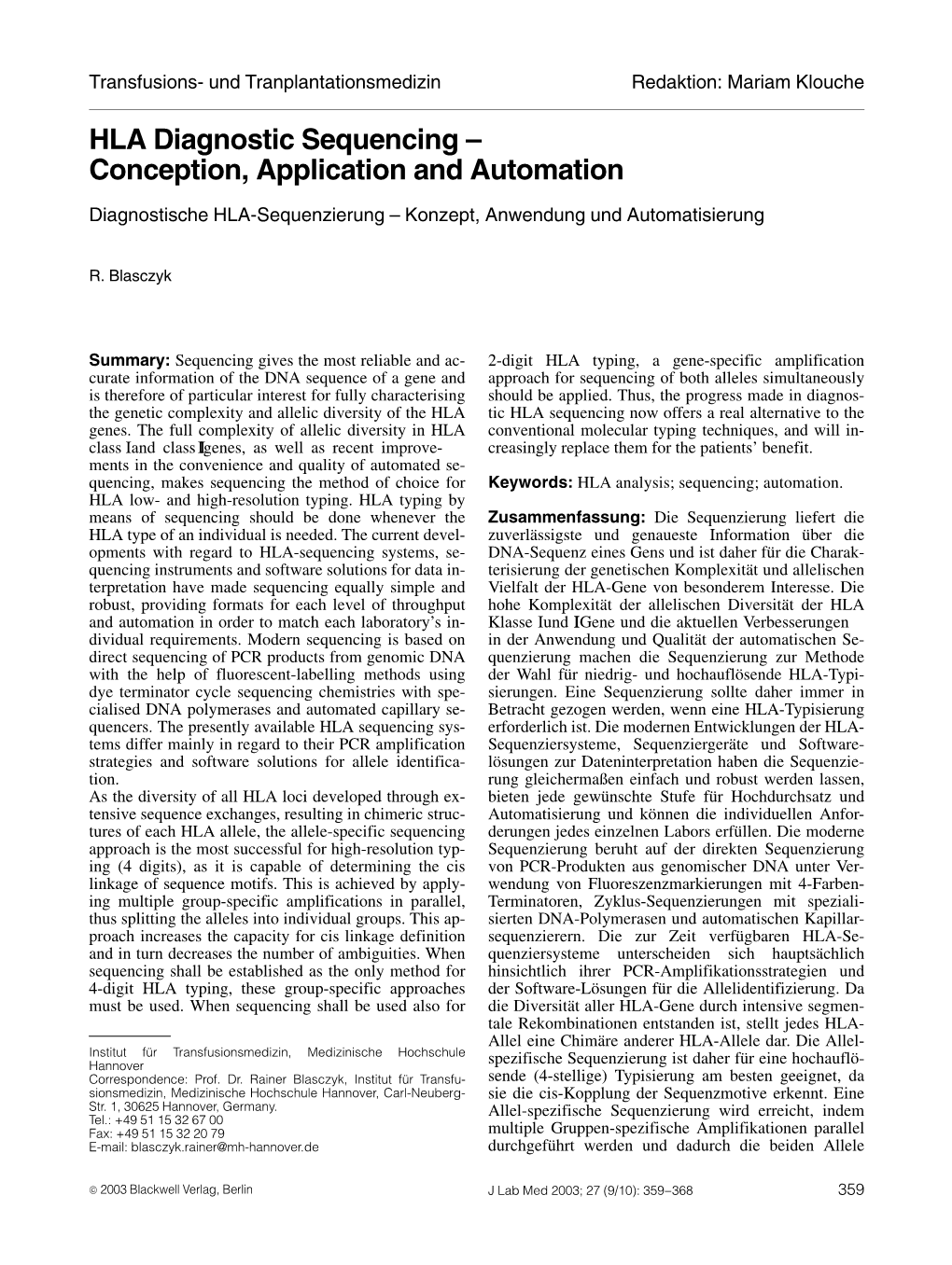 HLA Diagnostic Sequencing ± Conception, Application and Automation