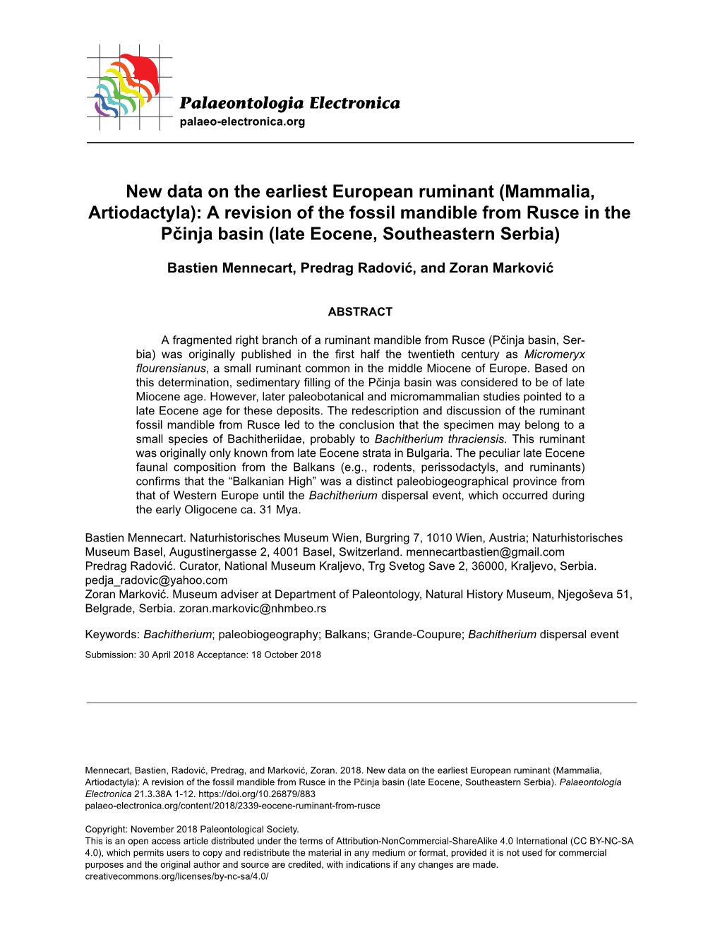 A Revision of the Fossil Mandible from Rusce in the Pčinja Basin (Late Eocene, Southeastern Serbia)