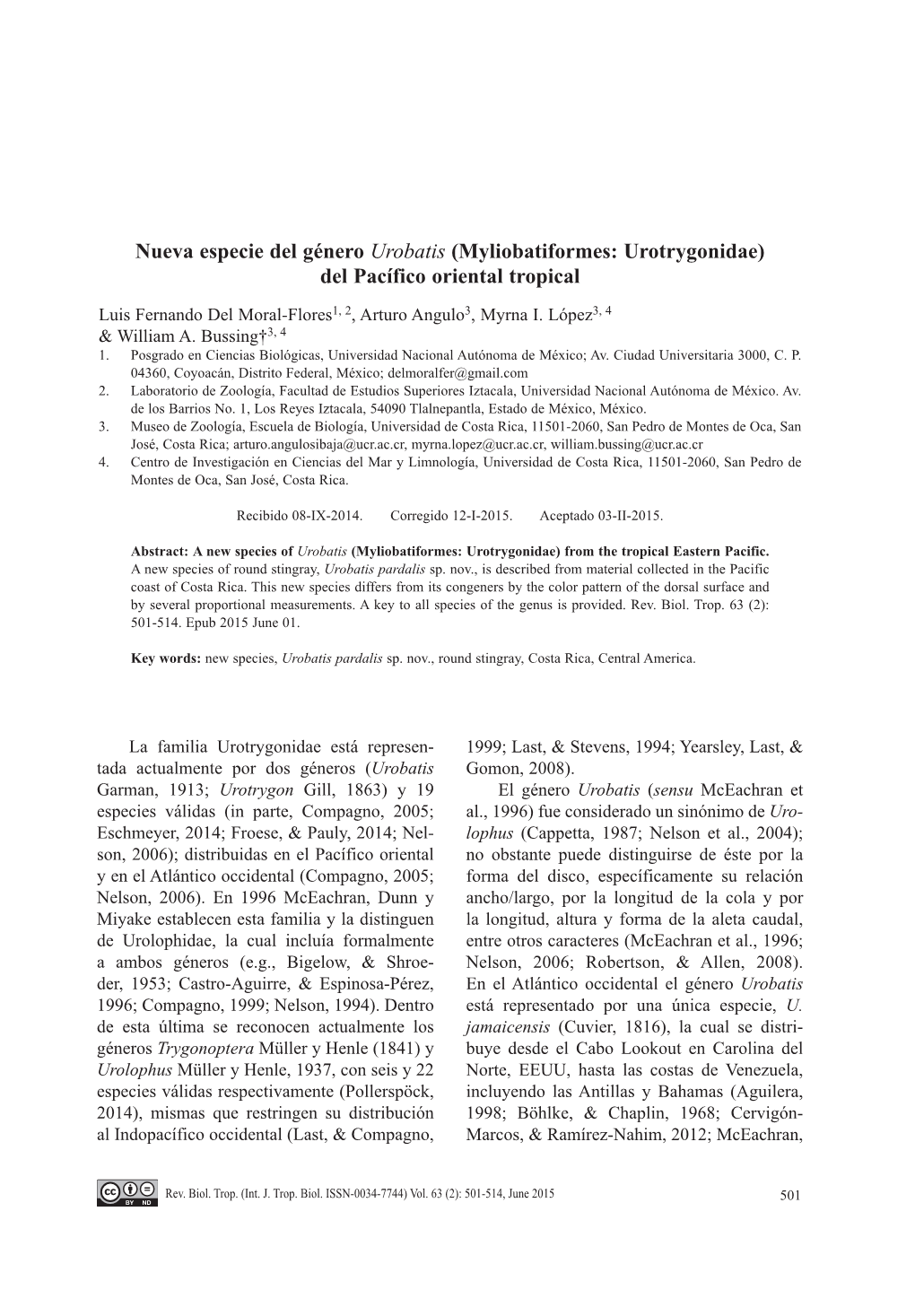 Nueva Especie Del Género Urobatis (Myliobatiformes: Urotrygonidae) Del Pacífico Oriental Tropical