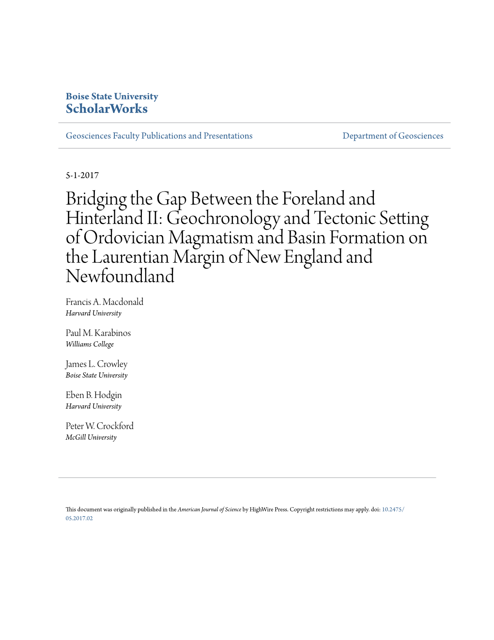 Geochronology and Tectonic Setting of Ordovician Magmatism and Basin Formation on the Laurentian Margin of New England and Newfoundland Francis A