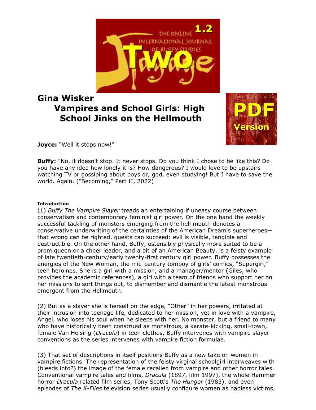 Gina Wisker Vampires and School Girls: High School Jinks on the Hellmouth