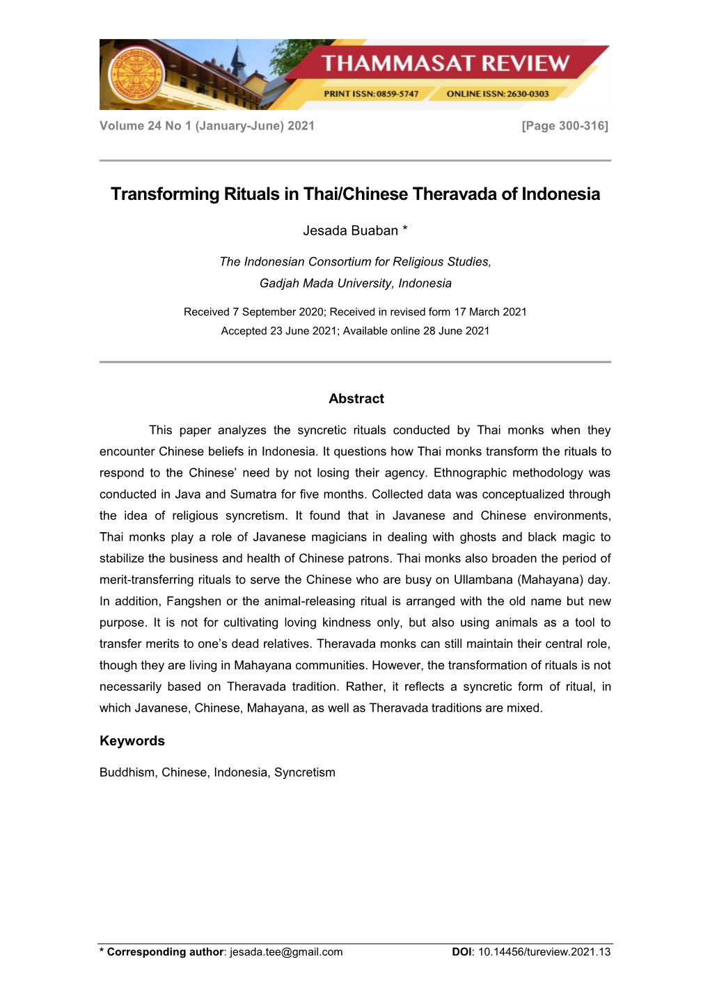 Transforming Rituals in Thai/Chinese Theravada of Indonesia