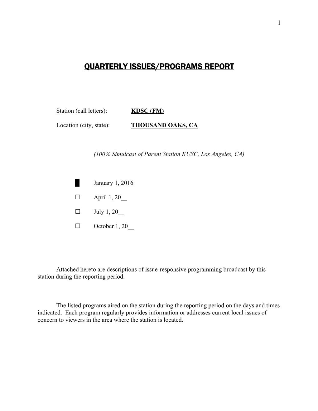 Quarterly Issues/Programs Report