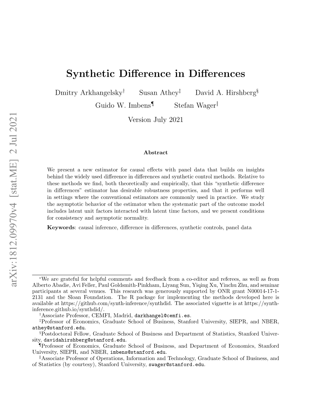 Synthetic Difference in Differences Arxiv:1812.09970V4 [Stat.ME]