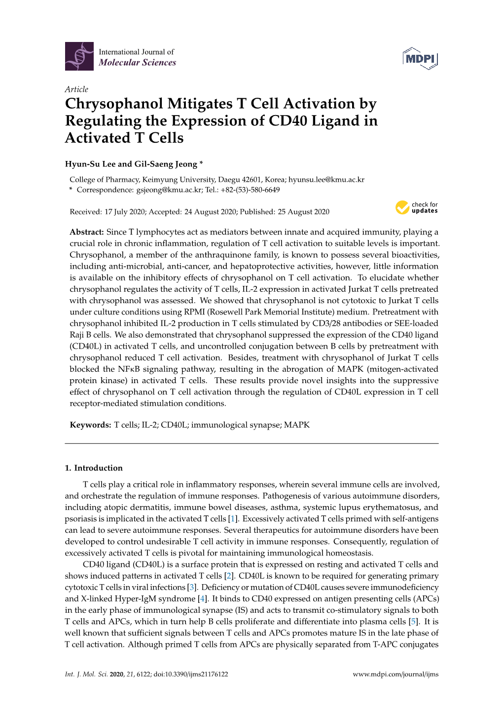 Chrysophanol Mitigates T Cell Activation by Regulating the Expression of CD40 Ligand in Activated T Cells