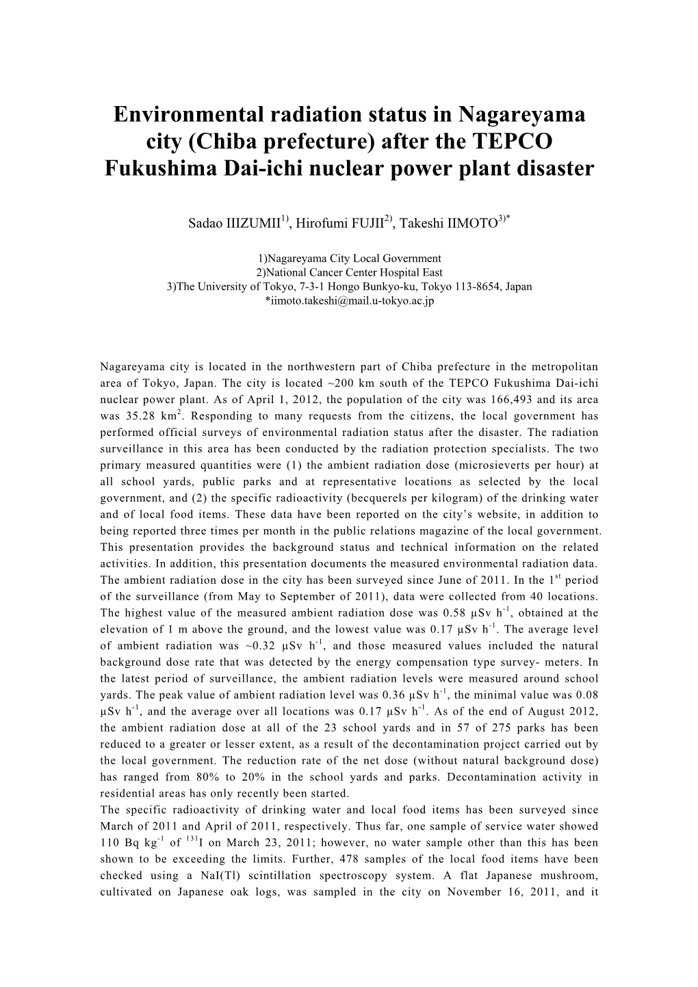 Environmental Radiation Status in Nagareyama City (Chiba Prefecture) After the TEPCO Fukushima Dai-Ichi Nuclear Power Plant Disaster