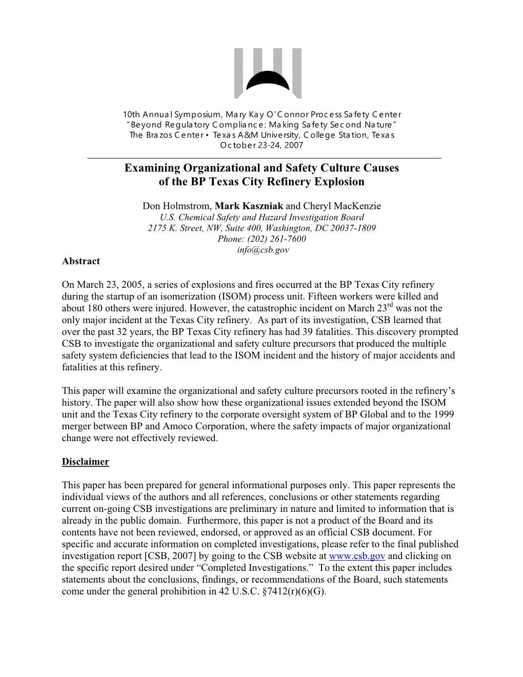 Examining Organizational and Safety Culture Causes of the BP Texas City Refinery Explosion