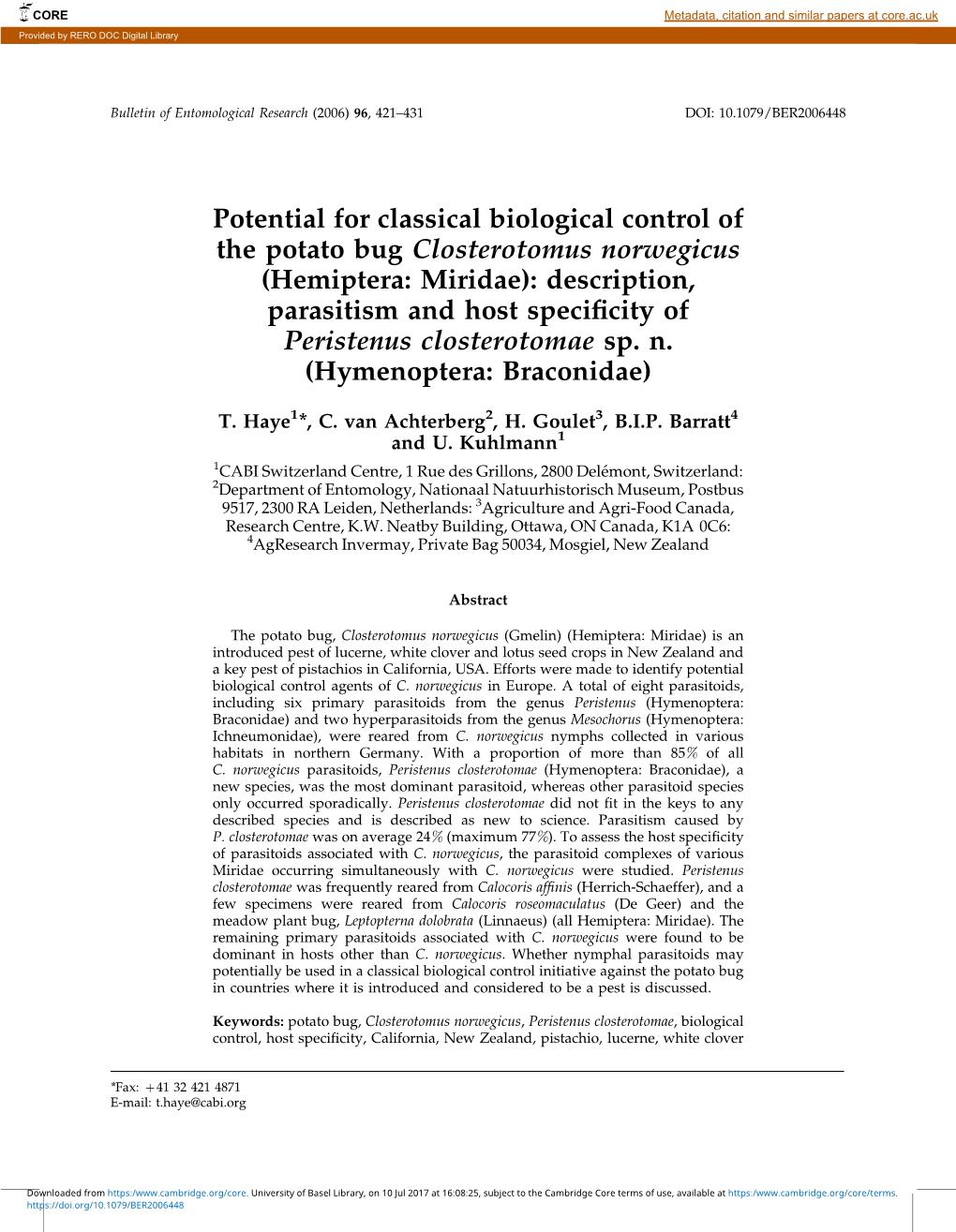 Potential for Classical Biological Control of the Potato Bug Closterotomus Norwegicus (Hemiptera: Miridae): Description, Parasi