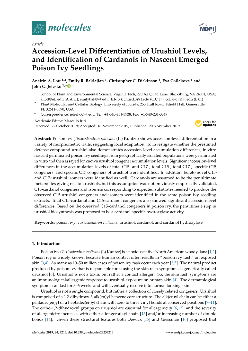 Accession-Level Differentiation of Urushiol Levels, and Identification