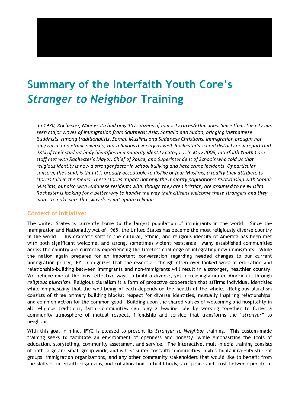 Summary of the Interfaith Youth Core's Stranger to Neighbor Training