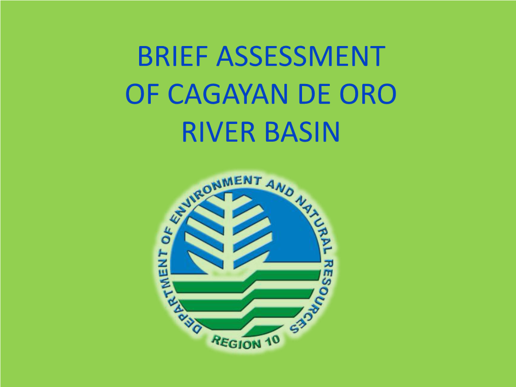 BRIEF ASSESSMENT of CAGAYAN DE ORO RIVER BASIN Presentation Outline