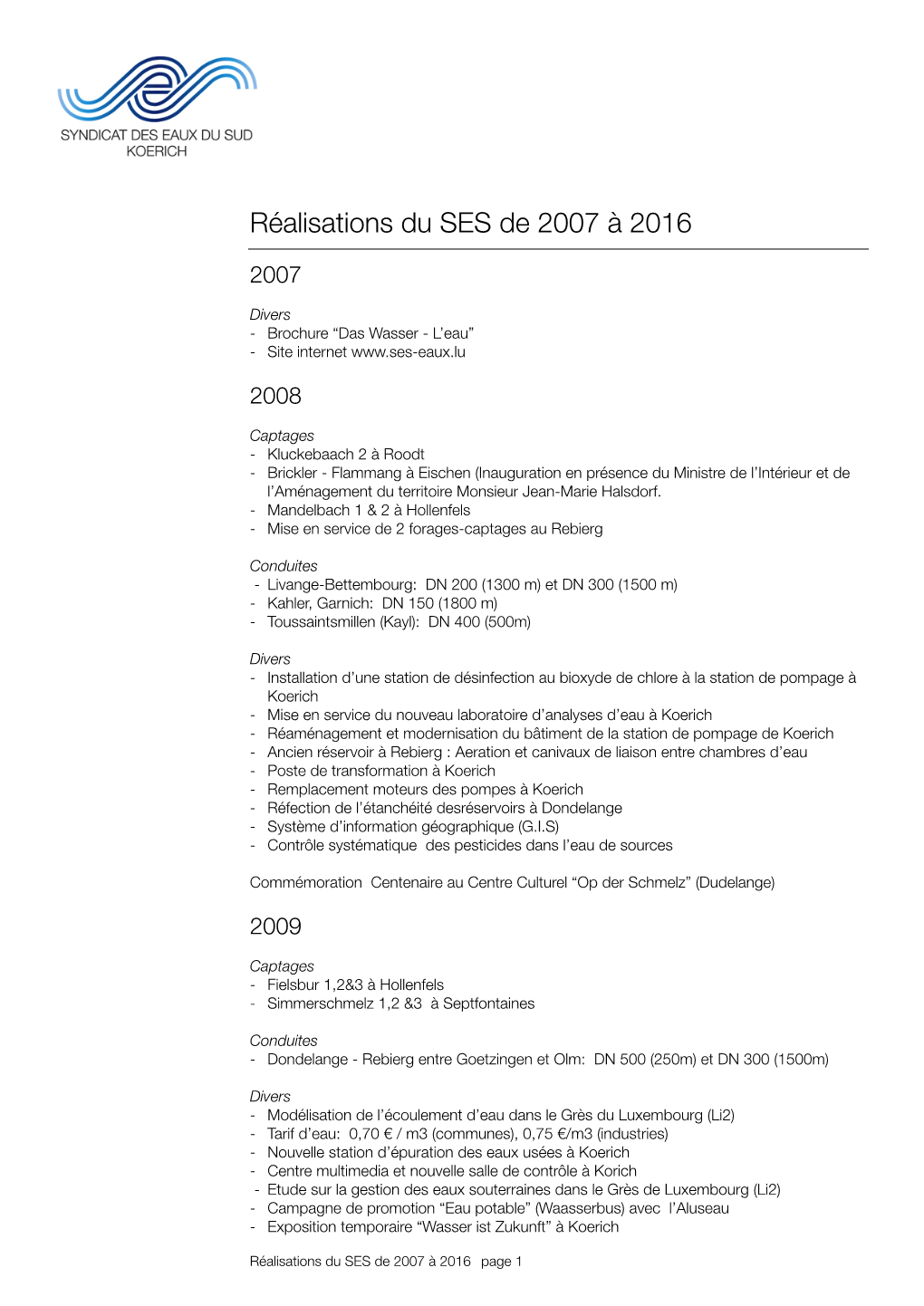 Réalisations Du SES De 2007 À 2016