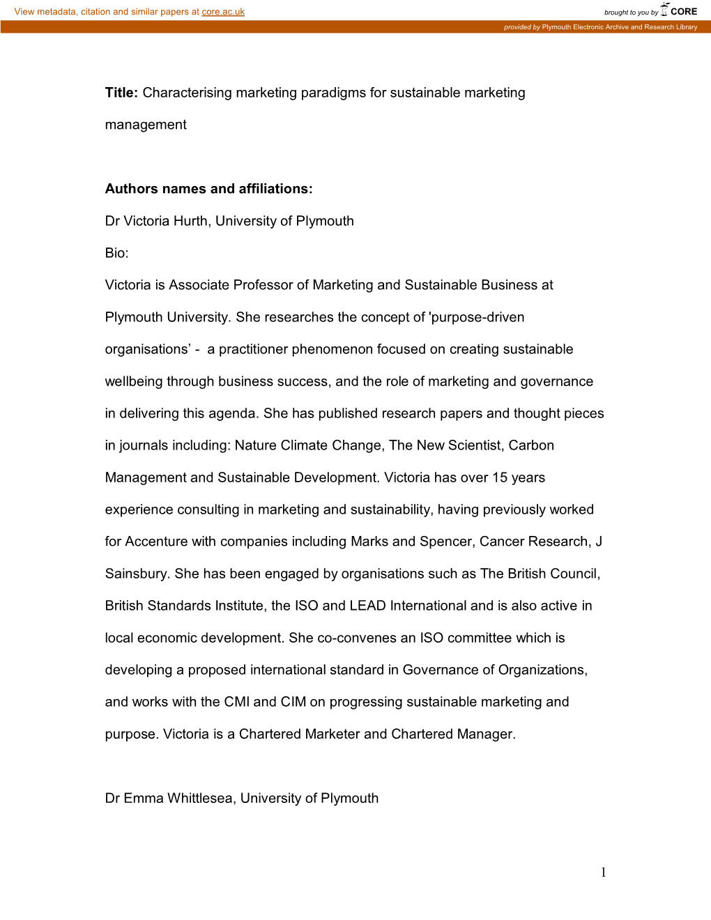 Characterising Marketing Paradigms for Sustainable Marketing Management Authors Names and Affiliations