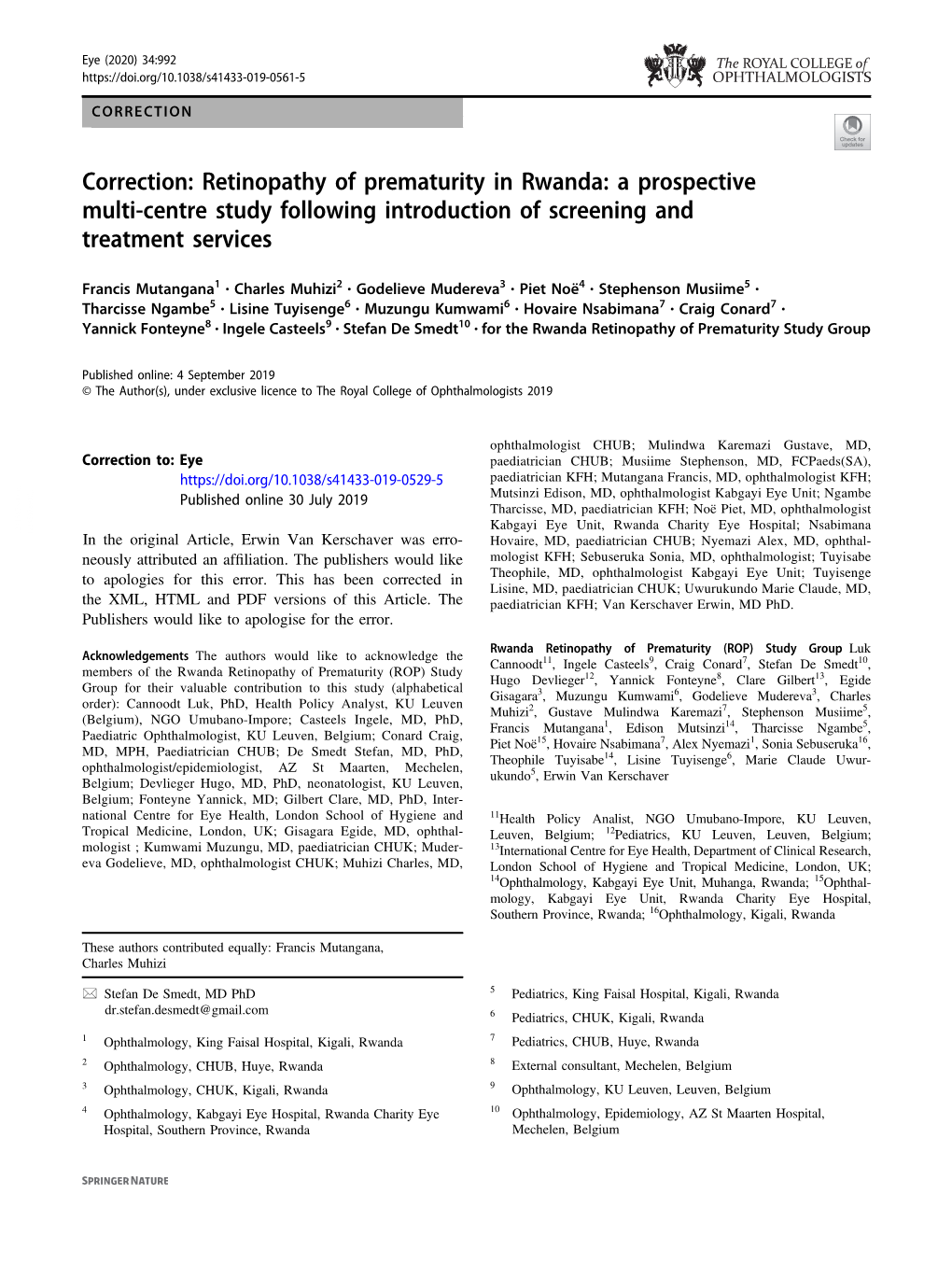 Correction: Retinopathy of Prematurity in Rwanda: a Prospective Multi-Centre Study Following Introduction of Screening and Treatment Services