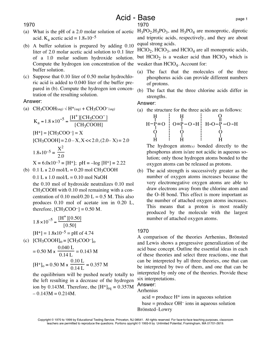 Acid - Base Page 1 1970 1970 (A) What Is the Ph of a 2.0 Molar Solution of Acetic H3PO2,H3PO3, and H3PO4 Are Monoprotic, Diprotic –5 Acid