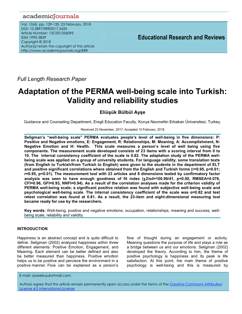 Adaptation of the PERMA Well-Being Scale Into Turkish: Validity and Reliability Studies