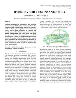 Hybrid Vehicles: Insane Study Aravind.A.K *, Aravind Sai**