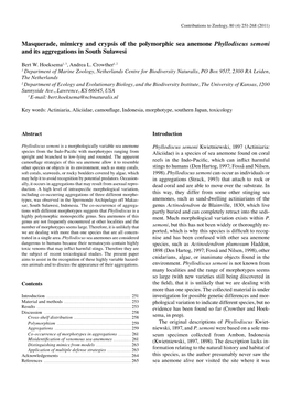 Masquerade, Mimicry and Crypsis of the Polymorphic Sea Anemone Phyllodiscus Semoni and Its Aggregations in South Sulawesi