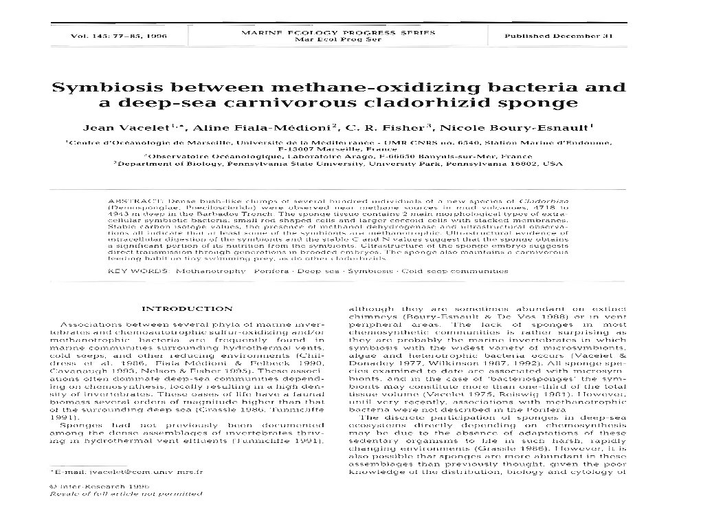 Symbiosis Between Methane-Oxidizing Bacteria and a Deep-Sea Carnivorous Cladorhizid Sponge