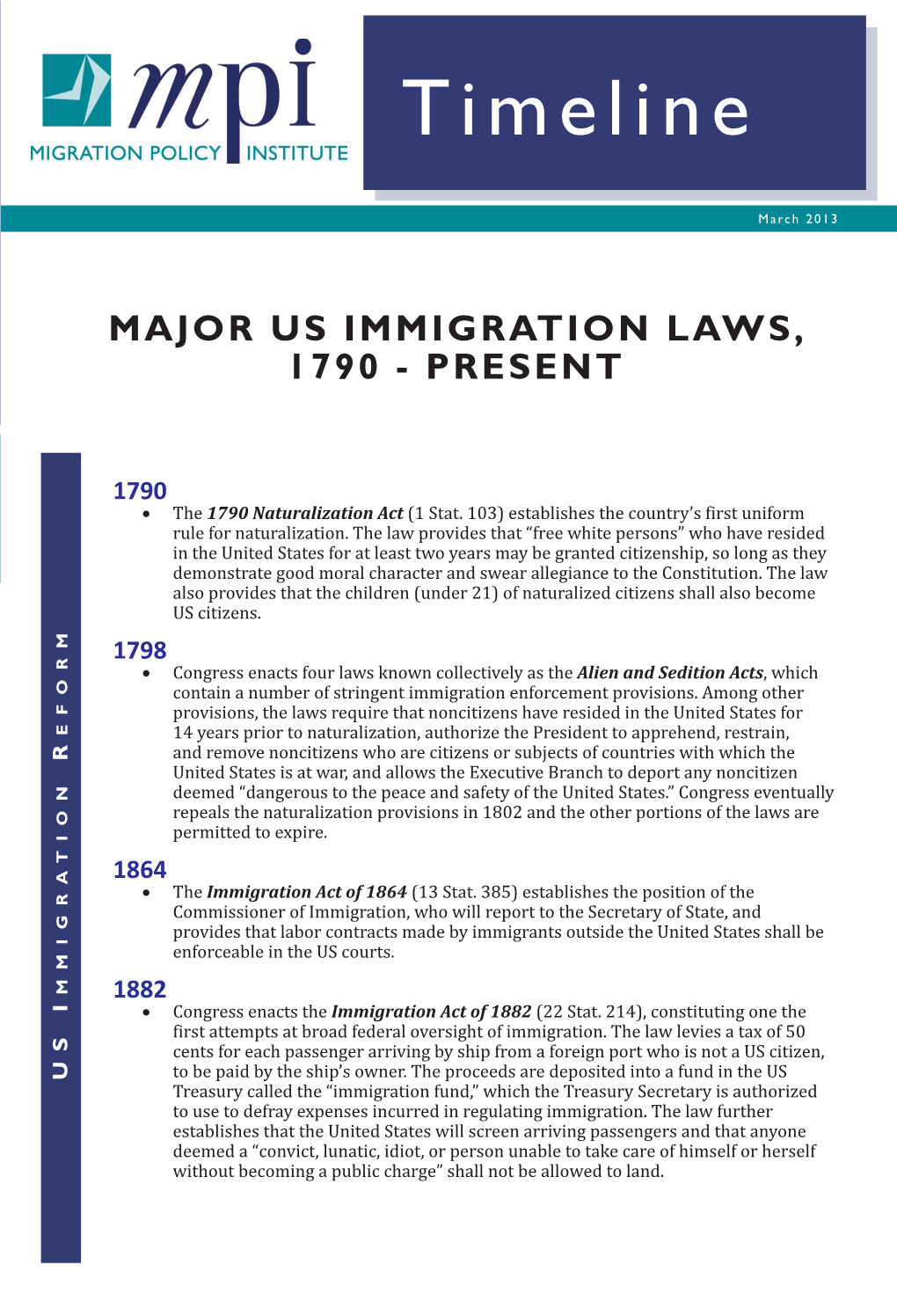 Major Us Immigration Laws, 1790 - Present
