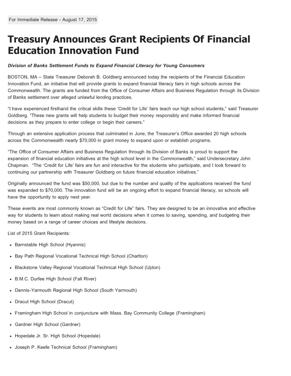 Treasury Announces Grant Recipients of Financial Education Innovation Fund