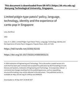 Limited Pidgin‑Type Patois? Policy, Language, Technology, Identity and the Experience of Canto‑Pop in Singapore