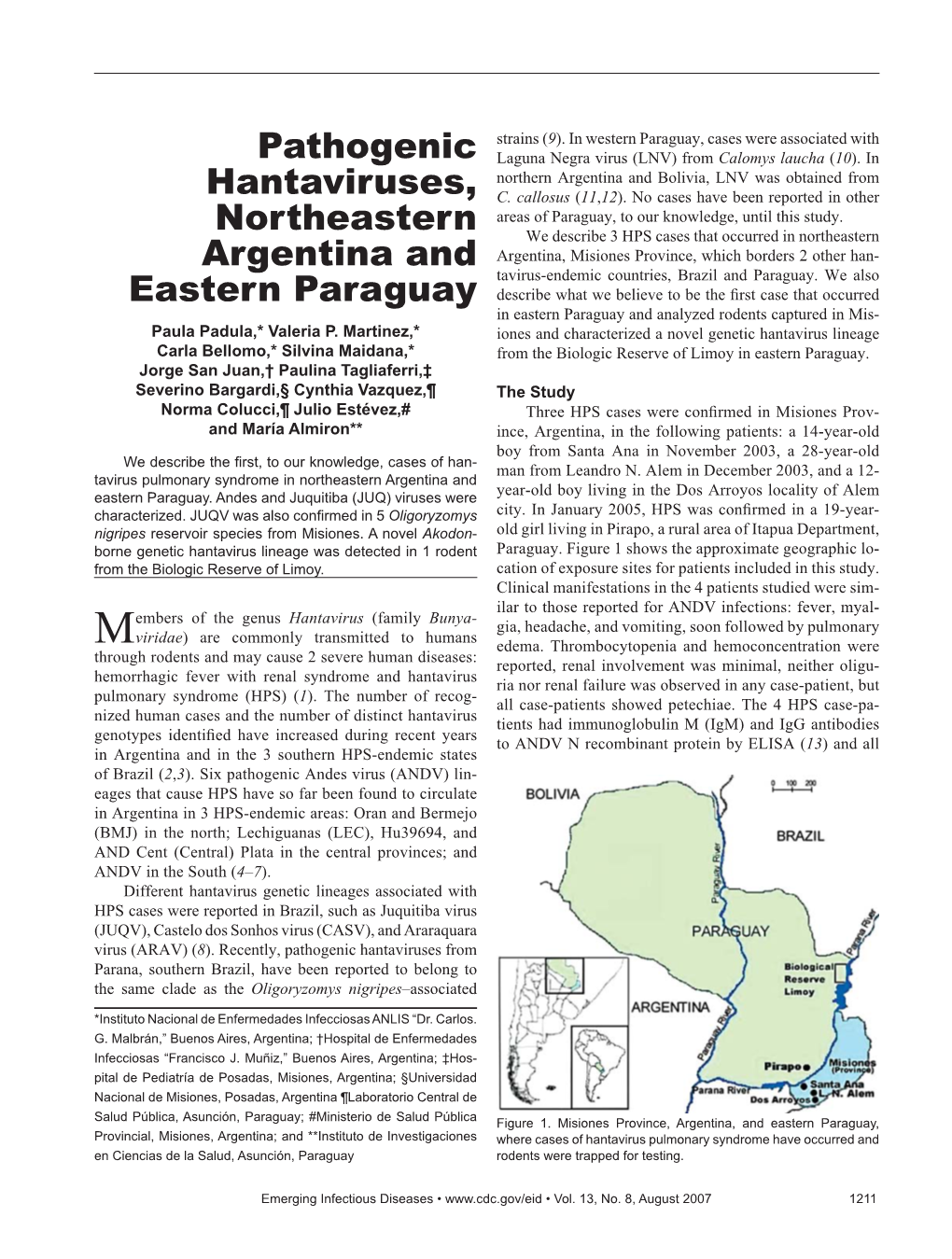 Pathogenic Hantaviruses, Northeastern Argentina and Eastern Paraguay