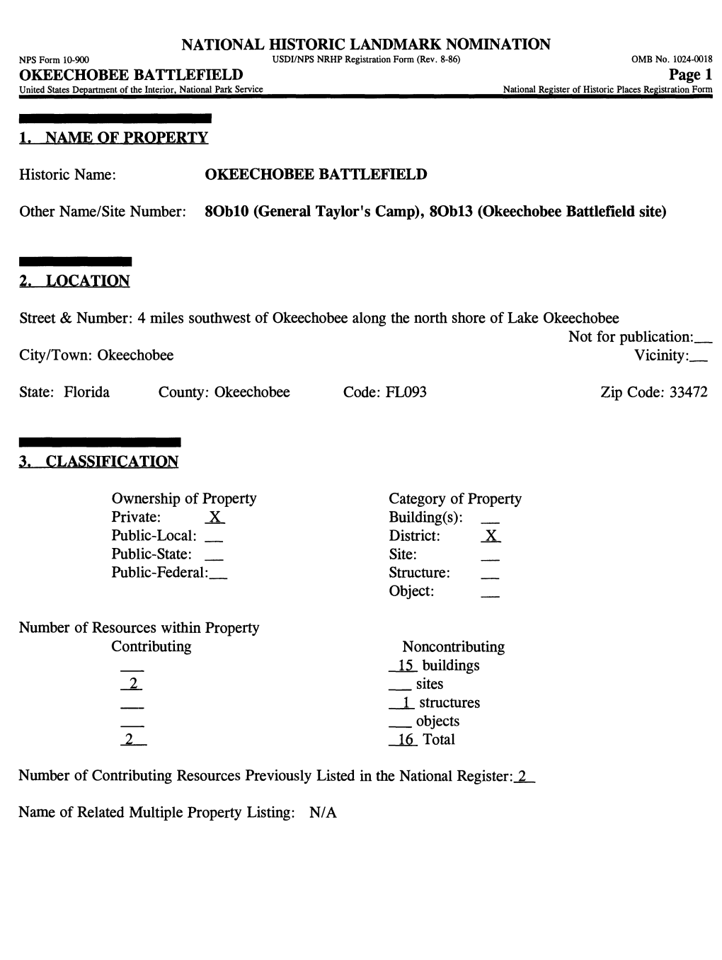 OKEECHOBEE BATTLEFIELD Page 1 United States Department of the Interior, National Park Service______National Register of Historic Places Registration Form