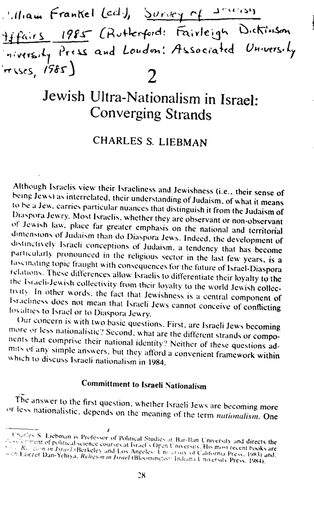 Itf<,:R ~ Jewish Ultra-Nationalism in Israel: Converging Strands