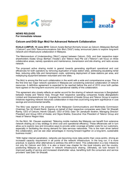 Press Release- Celcom and Digi Sign Mou for Advanced Network