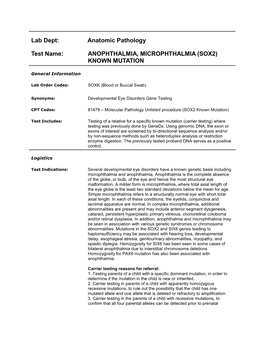 Anophthalmia, Microphthalmia (Sox2) Known Mutation