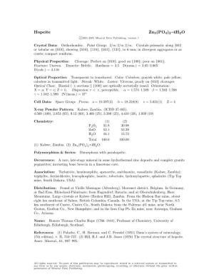 Hopeite Zn3(PO4)2 • 4H2O C 2001-2005 Mineral Data Publishing, Version 1