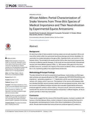 African Adders: Partial Characterization of Snake Venoms from Three Bitis Species of Medical Importance and Their Neutralization by Experimental Equine Antivenoms